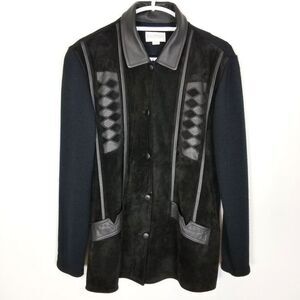 Karffany Women  Leather Suede Jacket Knit Sleeve Sz XL Black Button Up Lagenlook